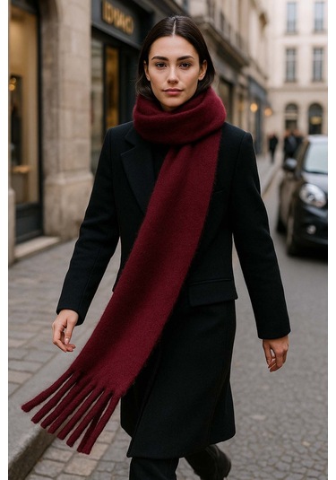 Kadın Püskül Detay Atkı Omuz Şalı 40x200 Cm 1295 Bordo Bordo