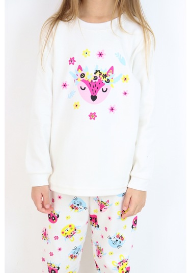 Kız Çocuk Orta Kalınlıkta Basic Baskılı Pijama Takımı Ekru