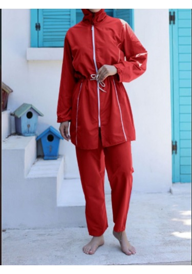 Paraşüt Kumaş Tesettür Mayosu Kırmızı