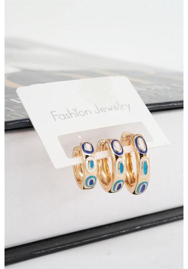 Kadın Vip Seri Mineli Nazar Motifli 3'lü Küpe Seti