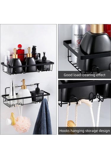 Moveevo Demir Bathroom Organizer Seti - 2 Duş Sepeti + 1 Sabunluk, Delme Yok, Su Geçirmez, 6 Kanca, Banyo/ Mutfak/ Oturma Odası Gereçleri Saklama Siyah
