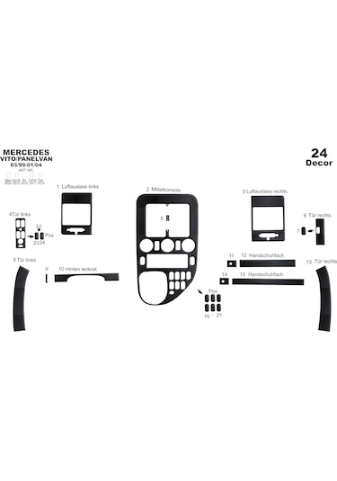 Mercedes Vito Panelvan Konsol-torpido Kaplama 1999-2004 24 Parça-siyah Karbon Siyah Karbon