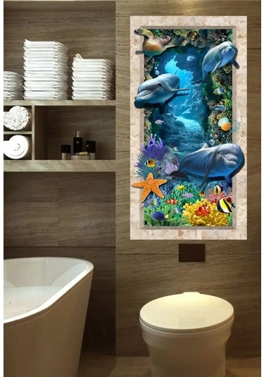 Sprintfox Banyo İçin Duvara Yapıştırılan 3d Seramik Stickerleri - Yunus Balıkları 155880373 Mavi