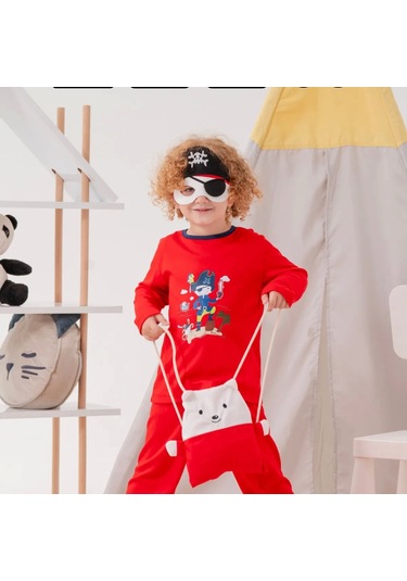 Korsan Desenli Çanta Ve Maskeli % 100 Pamuk Erkek Çocuk Pijama Takımı Kırmızı
