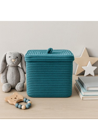 Quadra Dikdörtgen Dört Köşeli Hasır Jüt Sepet 30cm X 30cm Petrol Mavi