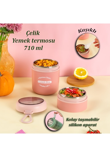 Porsima 66720 Çelik Yemek Termosu Lunch Box Yemek Kabı Pembe 710m