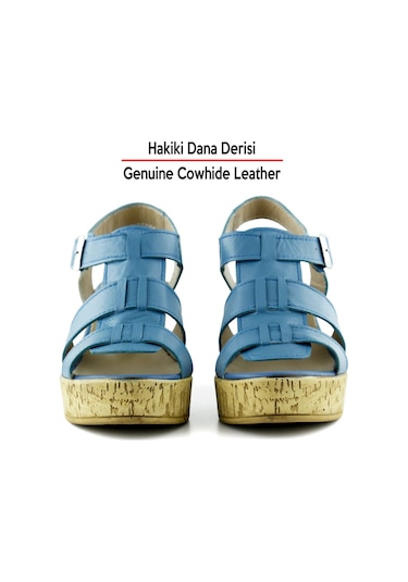 Erkan Saçmacı Xena Mavi Hakiki Dana Derisi Mantar Taban Görünümlü Dolgu Topuklu Gladyatör Sandalet Mavi