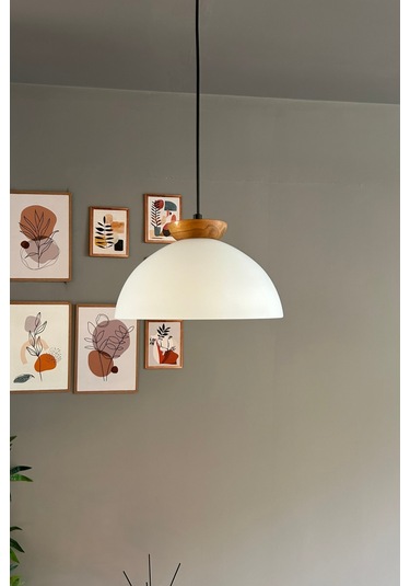 Perry Beyaz Cam Tekli Avize Ahşap Tabak Başlık Retro Sarkıt Lamba Restoran Salon Aydınlatma Beyaz