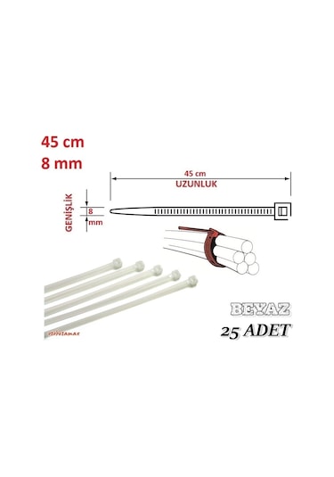 25 Adet 45Cm X 8Mm Plastik Cırt Kelepçe Kablo Bağı Beyaz
