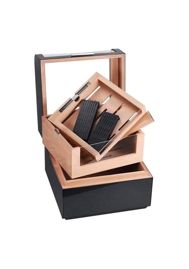 Cigarloong Karbon Desen Camlı Katlı Humidor Puro Kutusu 150s