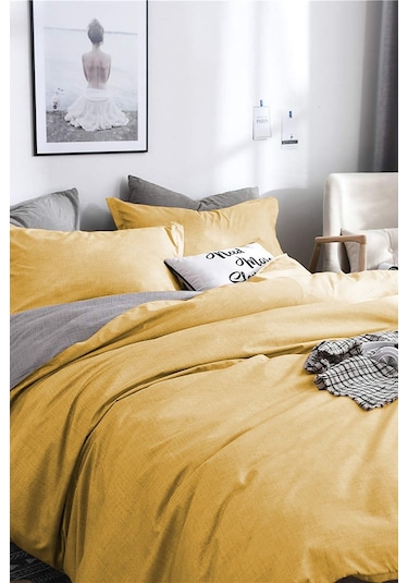 Alla Turca Tek Kişilik Ranforce Çift Taraflı Nevresim Seti - Çarşafsız Sarı/gri