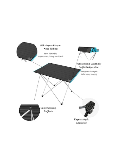 Box&Box Alüminyum Katlanabilir Kamp ve Piknik Masası 47 x 66 x 51 Cm Siyah