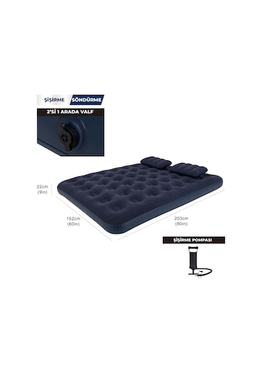 Terravıta Queen Size Şişme Yatakseti 203 x 152 x 22 CM Pompa Ve Yastıklı 250 KG Lacivert