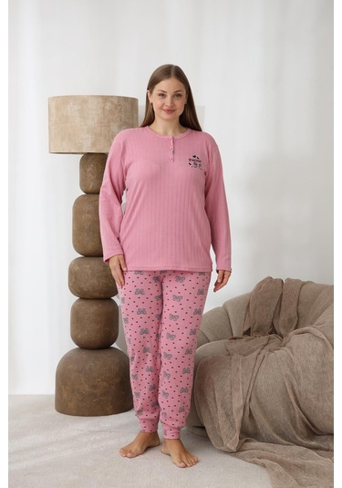Lindros Kadın Pamuk'lu Düğme Yaka Raporlu İnterlok Kışlık Battal Pijama Takımı 0255 - 1 Adet Pembe