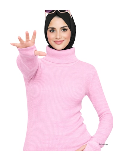 Trikonova Balıkçı Yaka Parmak Detaylı Pembe