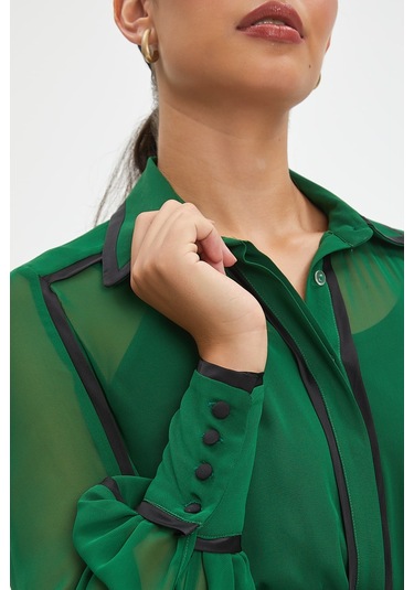 Şifon Ve Bağcıklı Midi Boy Elbise - Kontrast Şerit Detaylı - Günlük Ve Özel Günlük Şıklık Yeşil