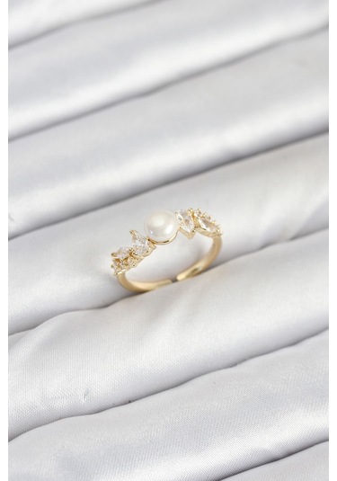 Pirinç Gold Renk Zirkon Taşlı İncili Model Kadın Yüzük Çok Renkli