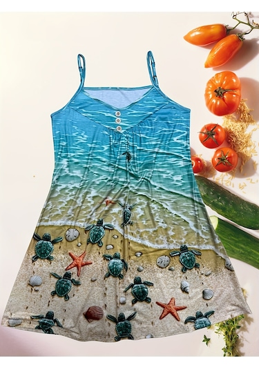 Kadın Şık Plaj Temalı Kolsuz Plaj Elbisesi Mavi