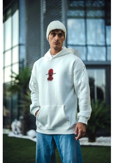 Efnaz Style Üç İplik Kapşonlu Baskılı Oversize Sweatshirt- Beyaz