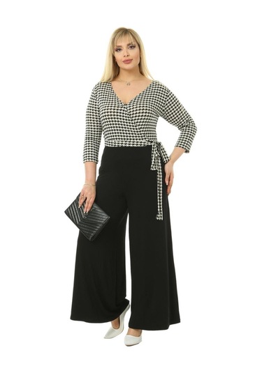 Melsay Butik Kruvaze Yaka Kazayağı Desen Büyük Beden Kadın Tulum