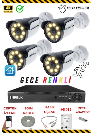 SNRELK HAMA 5 mp Lens 4 Kamera 320 gb 1080p Gece RENKLİ Su Geçirmez Güvenlik kamerası set