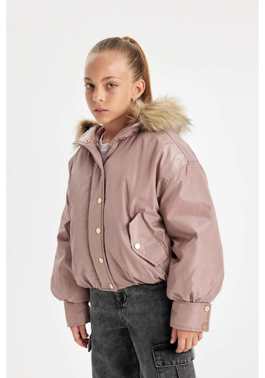 DeFacto Kız Çocuk Çıkarılabilir Kapüşonlu Mont Fermuarlı Çıtçıt Kapamalı Cepli C5488A824WNBR320 Bordo