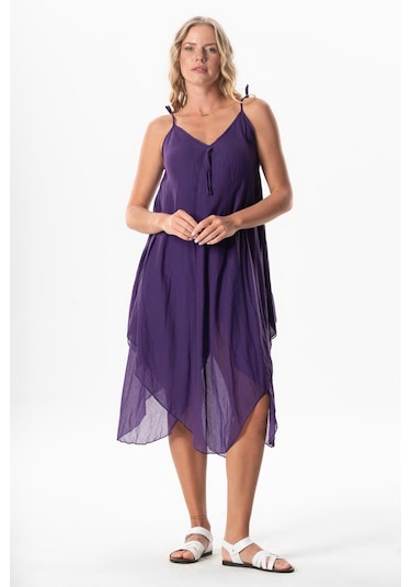 Askılı Vual Afrodit Midi Boy Yazlık Elbise Mor Mor Mor