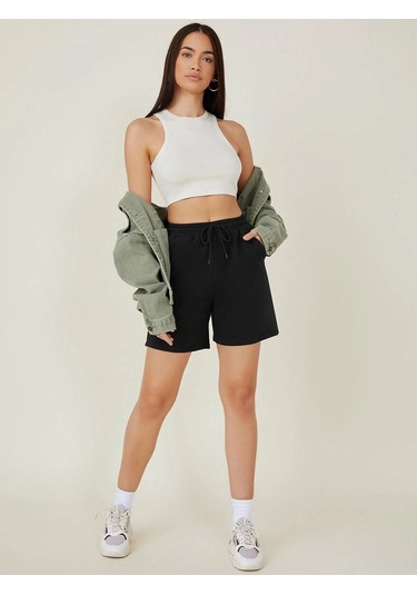 Siyah Kısa Düz Renk Baskısız Şort - Penye Baskısız Kordonlu Siyah