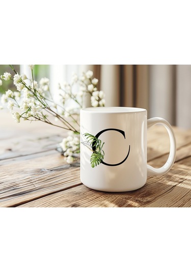 C Harf Zarif Yaprak Desenli Kupa Bardak - Naturel Sade Alfabe Harfli Bardak - Kişiye Özel Hediye Beyaz