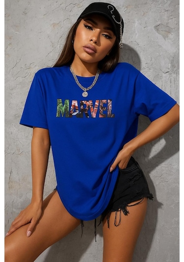 Marvel Baskılı Oversize T-shirt Saks Mavisi