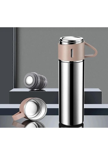 Paslanmaz Çelik 3 Bardaklı Vakumlu Vacuum Termos Set 500 Ml, 12 Saate Kadar Isı Koruma Termos Gümüş