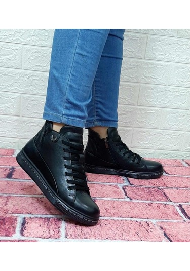 Voyager 8498 Siyah Hakiki Deri Kaymaz Taban Fermuarlı Bağacaklı B