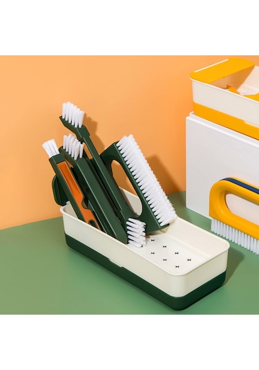 Shineyee Yeşil 4'lü Çok Amaçlı Temizlik Fırçaları Seti: Boşluk Fırçaları 3 Adet + Zemin Fırçası + Depolama Kutusu - Oda Köşeleri, Pencereler, Mermer Aralıkları İçin Derin Temizlik Yeşil