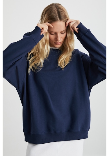 Karıus  Kadın Organik Pamuklu Içi Polarlı Oversize Yuvarlak Yakalı Lacivert Sweatshirt