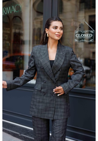 6 Düğmeli Kruvaze Ekose Takım Siyah Siyah