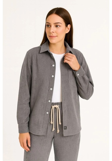 Kadın Kadife Oversize Takım Gömlek Ve Pantolon İkili Set Füme Corduroy Şıklığı, Rahat Ve Zarif Dur Füme