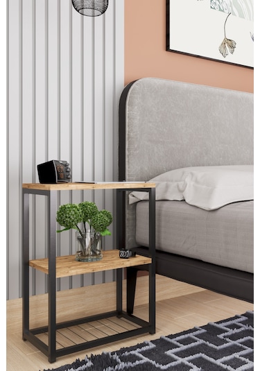 Metal Ayaklı Ve Ahşap Raflı Dekoratif Komodin Atlantik Çam Atlantik Çam