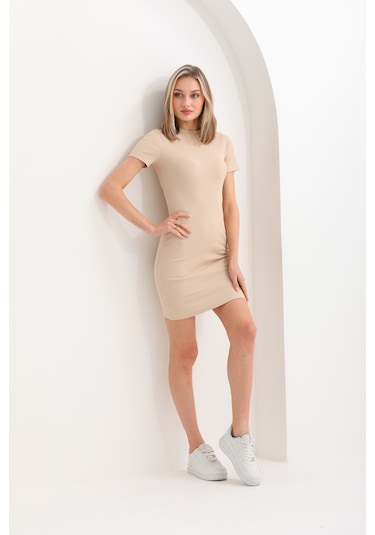 Kallima Bej Kısa Kollu Mini Fitilli Esnek Kalem Elbise