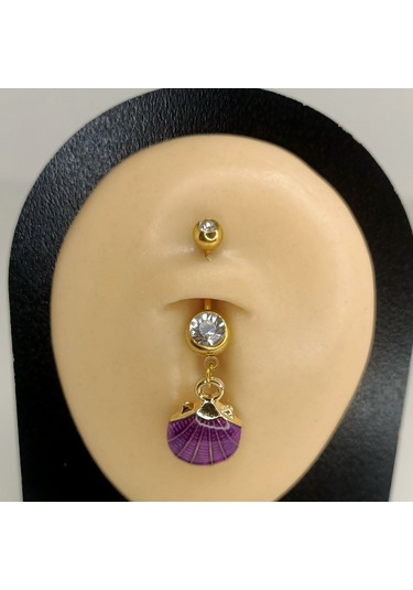 Aya Tasarım Gold Renk Mor İstiridye Figürlü Göbek Piercing Altın