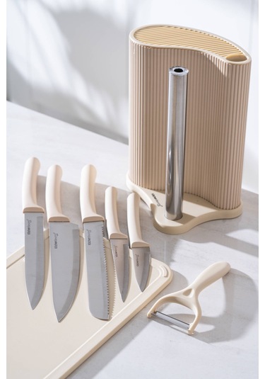Cooper 8 Parça Standlı Kesme Tahtası Ve Bıçak Seti Krem