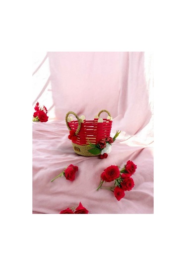 Çok Amaçlı Sepet Hasır El Yapımı Organizer Takı Kutusu Komodin Makyaj Banyo Kırmızı