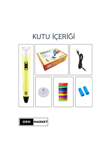 Sarı 3D Kalem 3D Pen Yazıcı Kalem – 20 Adet 5 Metrelik PLA Filament (Toplam 100M) + USB Kablo