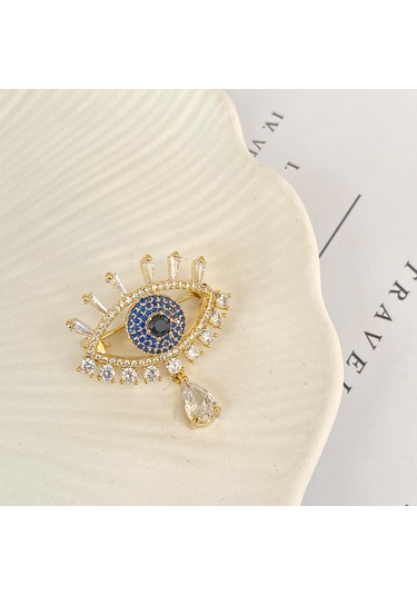 Broş Kadın Zirkon Taşlı Nazar Göz Broş Gözyaşı Yaka İğnesi Gold