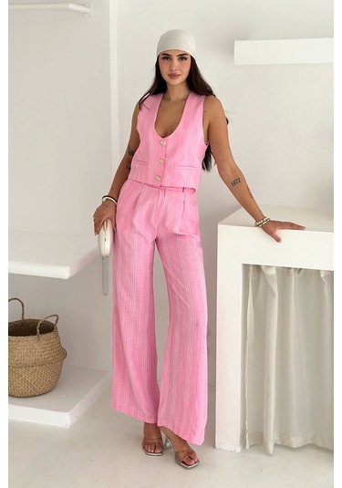 Çizgili Kumaş Yelek Takım Pembe Pembe