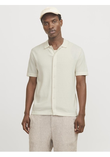 Jack & Jones Erkek Örme Gömlek - Emil - 12268220 Cloud Dancer Çok Renkli