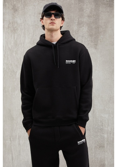 Grimelange Martel Erkek Yumuşacık Içi Polarlı Baskılı Regular Kordonlu Siyah Sweatshirt