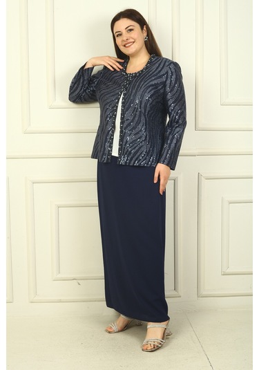 Kadın Pulpayet Ceket Yarım Ay Kollu Bluz Astarlı Krep Uzun Etek Büyük Beden 3'lü Takım Lacivert Kadın Pulpayet Ceket Yarım Ay Kollu Bluz Astarlı Krep Uzun Etek Büyük Beden 3'lü Takım Lacivert