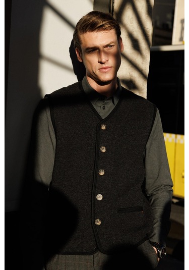 Erkek V Yaka Astarlı Saf Yün Keçe Yelek K.füme K.füme