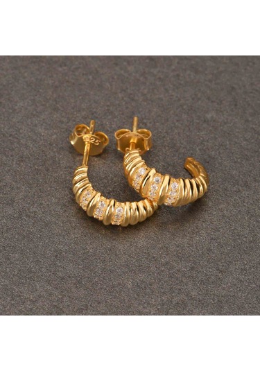 Zirkon Taşlı Pırlanta Montür Altın Kaplama Boğumlu Gümüş Küpe