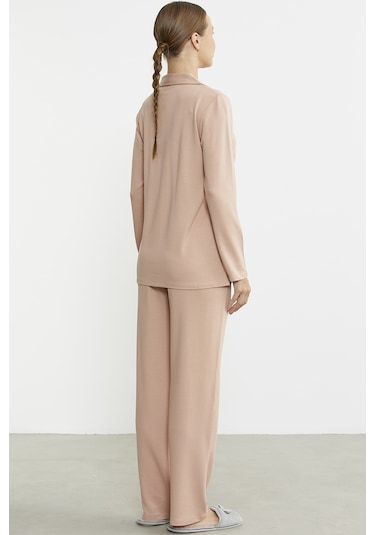 Gömlek Model Nakışlı Pijama Takım - Somon Somon